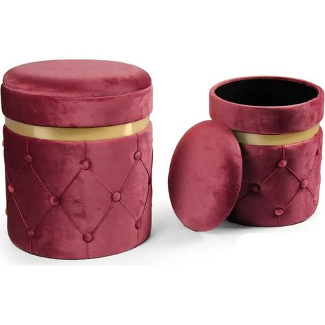 Set de 2 poufs contenitore en velours bordeaux/oro Ø38x44 et Ø31x38 cm