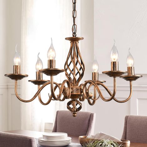 1 Lustre Fer Forgé 6 Lumières Hauteur Réglable Style Rétro Bronze Pour Salon Salle À Manger (1/5)