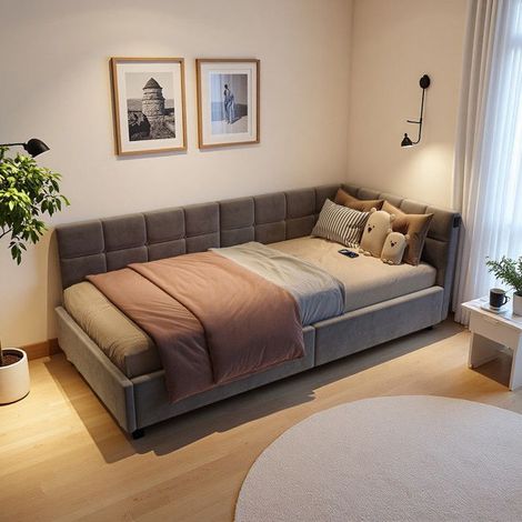 Lit para niños 90x200 cm con baúl de almacenamiento, Cama con somier de lamas incluido, Sofá cama, Cama individual con LED y USB, Gris