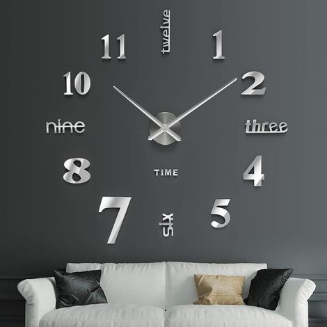 3D Horloge Murale, DIY Horloge Murale Digitale, Mouvement Silencieux, Horloge Murale Design Moderne, Horloge Murale Geante pour Chambre Cuisine Salon (60-120 cm), Argent (1/5)