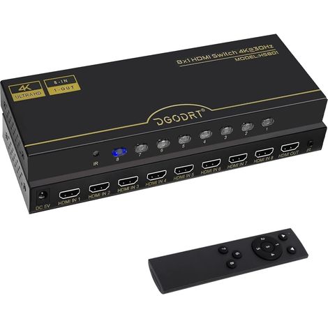 HDMI Switch 4K, Aluminum Commutateur HDMI 8 Entrées vers 1 Sortie Supporte 4K@30Hz 3D HDR UHD 1080P avec HDTV TV Stick Blu-Ray Lecteur (1/5)