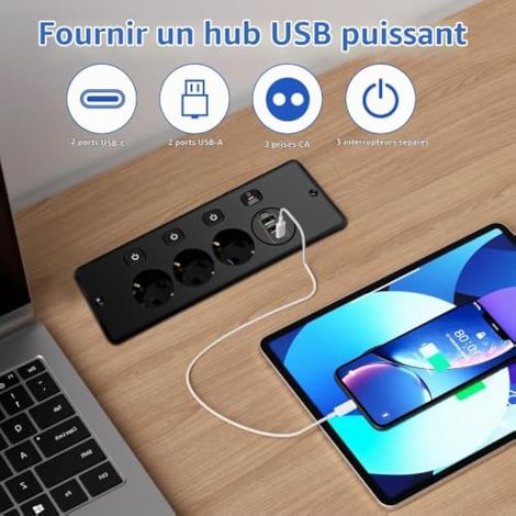 Prise Encastrable 3 Prises, 2 USB-A + 2 USB-C, 3 Interrupteurs (1/4)
