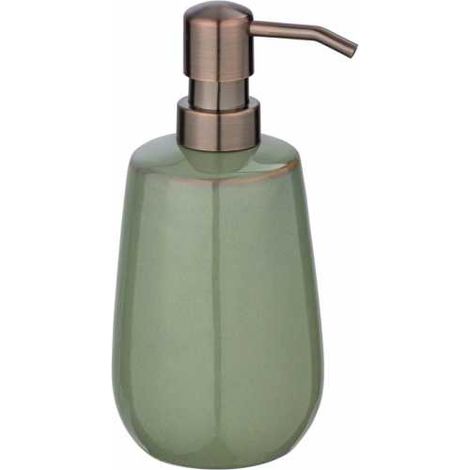 WENKO Dosatore di sapone Sirmione in pregiata ceramica, dispenser riempibile liquido disinfettante, erogatore a pompetta, robusta plastica color rame, Ø 8 x 17,5 cm, 430 ml, dispenser verde/rame (1/5)