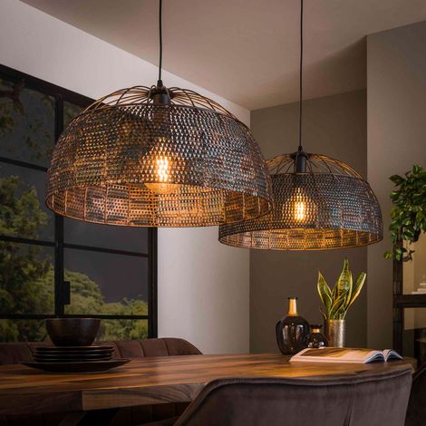 M&S – Suspension métal brun noir 140x60x150 cm – Abat-jour dôme 60 cm – Ampoules LED incluses – Éclairage industriel réglable