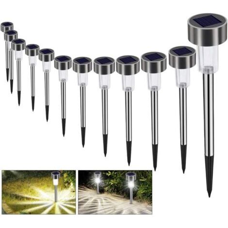 QORVA-Lot de 12 lampes solaires de jardin étanches, sans fil, à LED blanc froid, pour allées et pelouses. Rechargeables automatiquement. (1/4)