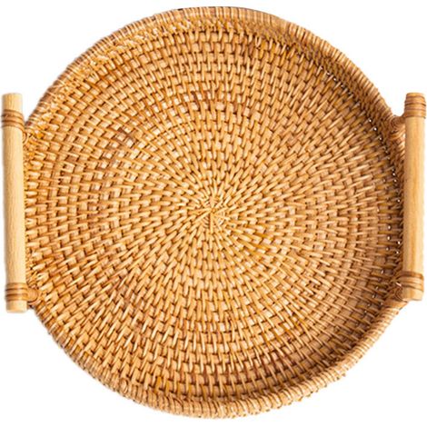 Plateau de service rond en rotin tressé à la main, panier à pain, fruits, desserts et collations avec poignées. Diamètre : 28 cm, hauteur : 4 cm. (1/5)