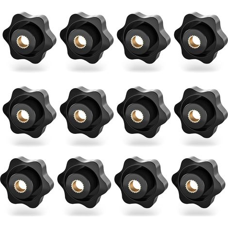 Paquete de 12 tuercas de mango en forma de estrella de plástico negro, rosca interna M8, tornillos moleteados para máquinas herramienta, 38 mm