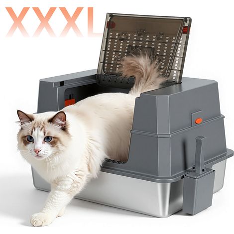 Randaco Edelstahl Katzentoilette XXXL mit Deckel 70x50x43 cm hochrandig für große Katzen mit Trittbrett (1/5)