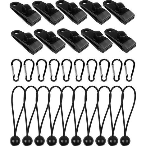 OUYLAF Ensemble 30 Pieces Clip Bache Tente 10 Pinces Verrouillage 10 Cordes Elastiques Nylon 10 Mousquetons Camping Exterieur (1/4)