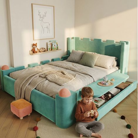 Lit adulte 140x200 cm rembourré avec tiroir de rangement et tablette pliante, sommier à lattes, velours bleu-vert (1/5)
