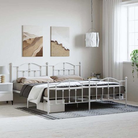 Cadre de lit métal sans matelas et pied de lit blanc 193x203 cm (1/5)