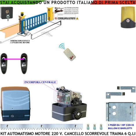Kit Automatismo 230 V Per Cancello Scorrevole Traina 6 Q.li Centrale Radiocomando Faro Selettore Coppia Fotocellule Pignone Acciaio M4 Z12 Fine Corsa Elettromeccanico 3 Metri Cremagliera In Acciaio (1/4)