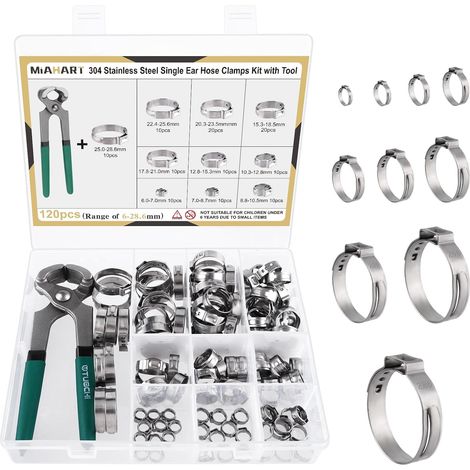 120Pcs Colliers de serrage à une oreille en acier inoxydable avec 10 tailles Pince à sertir en continu 304 pour sécuriser les tuyaux flexibles PEX et l'utilisation automobile (1/5)