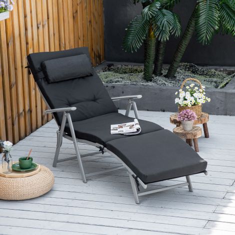 Chaise longue de plage pliable — Dossier réglable sur 7 positions, Matériau résistant aux intempéries, Coussin d'assise inclus. Matériaux : Maille Textilène, Polyester, Métal. Couleur : Noir. (1/4)