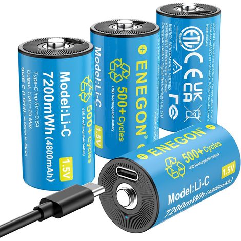 Lot de 4 piles rechargeables C/LR14 1,5 V 7200 mWh avec câble de charge rapide USB-C – Idéal pour les lecteurs CD, radios, lampes de poche, jouets pour enfants, lumières de camping/d'urgence (1/5)
