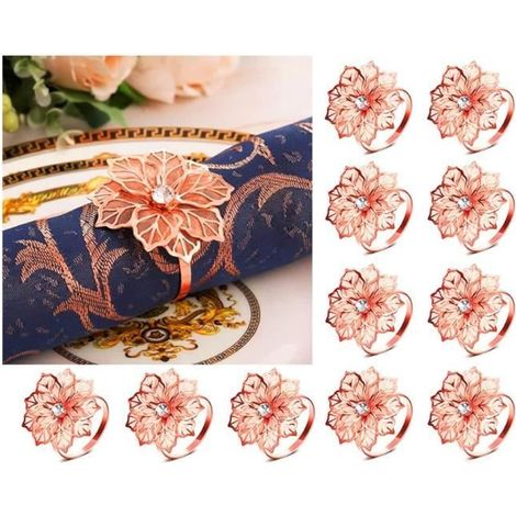 Lot de 12 ronds de serviette en métal en forme fleur creuse avec strass pour mariage, banquet, Noël et décoration de table Doré ro (1/4)