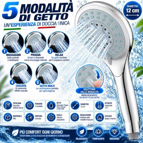 Soffione Doccetta Doccia a 5 Getti Ø12cm Cromato ABS Universale G1/2" (1/5)