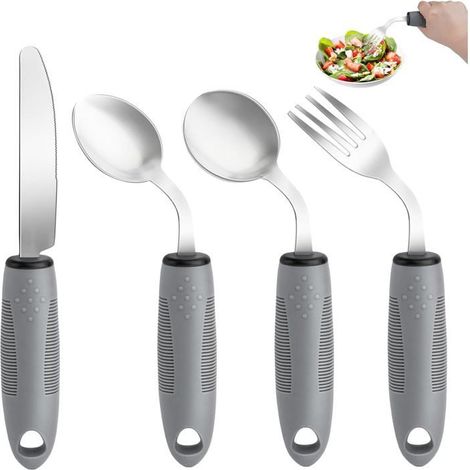 Lot de 4 couverts lestés ergonomiques, angle 45°, bol profond pour personnes âgées, Parkinson et troubles moteurs (1/4)