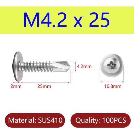 Selbstschneidende Schrauben, 100 Stück selbstbohrende Blechschrauben aus Edelstahl, zur Befestigung von Metallverkleidungen, Dachrinnen und Blechen, M4,2 x 25 mm (1/4)