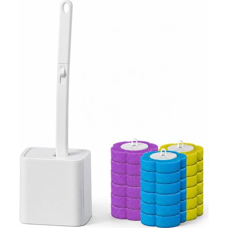 Brosse WC Jetable Blanche avec Support à Couvercle Rabattable Automatique et 18 Têtes de Rechange (1/5)