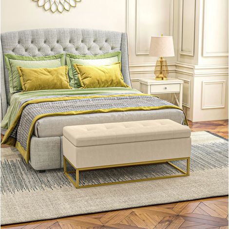 Banc coffre capitonné en tissu beige avec assise relevable, rangement intérieur et pieds en métal doré, 110 cm, pour entrée ou salon, CHICFURN (1/5)