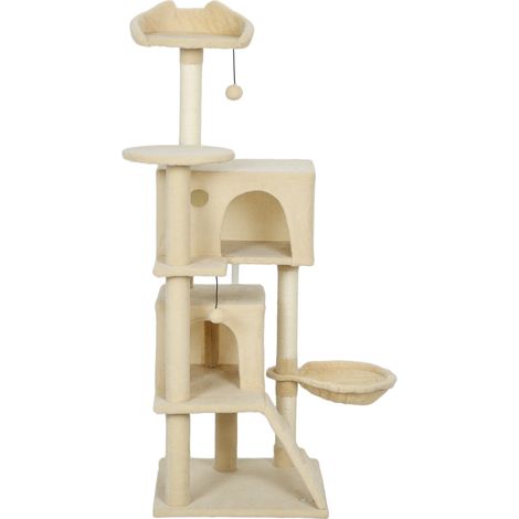 Arbre à chat 140 cm avec hamac, échelle, grotte, 2 balles en peluche, poteaux en sisal, 48 x 48 x 140 cm, beige (1/5)