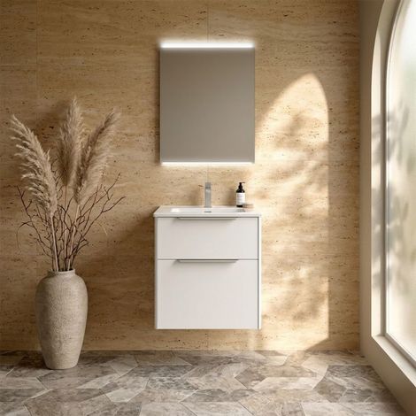 Meuble de salle de bain suspendu 60 cm avec 2 tiroirs et lavabo inclus, blanc satiné – Paso