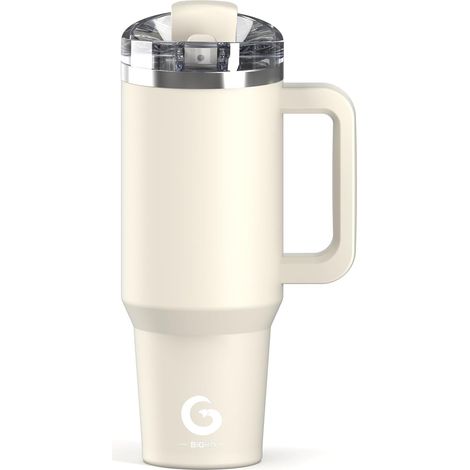 Insulated Mug with Straw and Anti-Drip Cap 1.2 L, Stainless Steel Leak-Proof Insulated Coffee Cup, BPA-Free, Beige (1/5)
