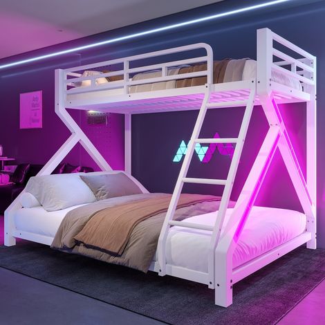 Lit superposé 3 places 90x200/140x200 cm, lit enfant en métal avec LED, échelle, sommier à lattes, barrière de sécurité, blanc (1/5)