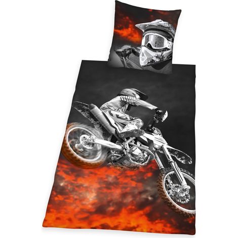 Parure de Lit Réversible, Motocross, Housse de Couette 135 x 200 cm, Taie d'Oreiller 80 x 80 cm, Polyester (1/5)