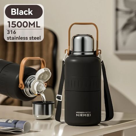 (Noir, 1500 ml) Bouteille d'eau isotherme en acier inoxydable avec poignée et paille, isolée sous vide, convient à l'eau chaude et froide. (1/5)
