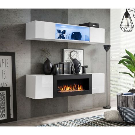 Ensemble mural - FLY N - 1 rangement mural LED - 1 meuble TV - Blanc - Modèle 2 - Livraison gratuite