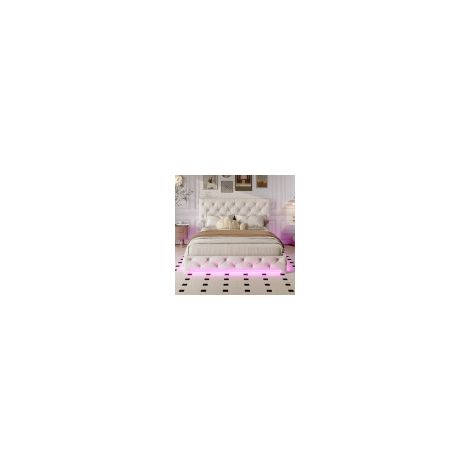 Lit tapissé 140x200 cm, lit double, lit coffre hydraulique LED, lit adulte, lit ado, grand espace de rangement, tête de lit réglable, beige, lin (matelas non inclus) (1/5)