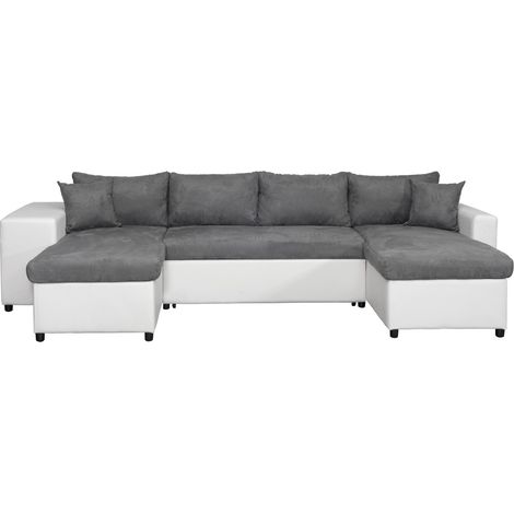 Canapé panoramique OSLO convertible avec coffres, poufs à gauche en simili blanc et microfibre grise (1/5)
