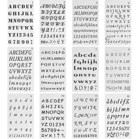 12 pochoirs lettres et chiffres, beaux et pratiques pour les loisirs créatifs. Pochoirs réutilisables pour la peinture, les cadeaux et la décoration de cartes, murs et carnets. (1/5)
