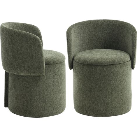Wahson Dining Chairs Chenille 2Pcs, Upholstered Kitchen Barrel Chair with Foldable Backrest and Hidden Storage for Dining Room, Green