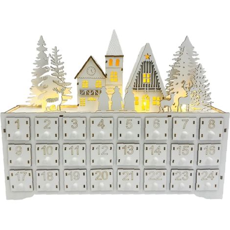 Adventskalender aus Holz mit LED-Beleuchtung, 24 nummerierte Schubladen, Dorfhaus-Design, Weihnachtsdekoration, Geschenk, 34,5 × 8 × 28 cm (1/5)