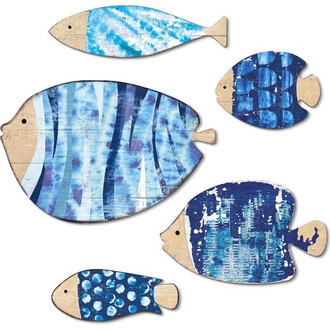 Décoration Murale Poissons Bleu Marine, Lot de 5 Poissons Style océan, MDF Effet Bois, Motifs Rayures écailles, déco Coastal pour Salle de Bain WC entrée Salon, gîte Maison Vacances (1/5)