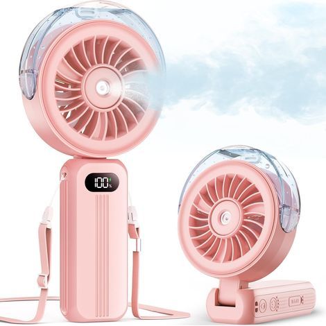 Mini-ventilateur brumisateur portable - Puissant, rechargeable - 4 vitesses 4000mAh pliable dragonne - Voyage personnel - Rose (1/5)
