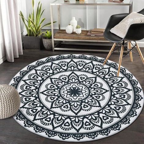 Tapis Salle de Bain Rond 80x80cm Bohème Beige Noir Pompons Lavable Machine Antidérapant Enfant Sécurisé (1/4)