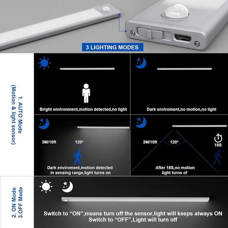 2 Stück 60 cm kabellose Schrankleuchte, Küchenunterbauleuchte mit Bewegungssensor, 3 Modi, USB-wiederaufladbarer magnetischer LED-Streifen, 3200 mAh, 113 LEDs, Kaltweiß 6000K, Silber (1/5)