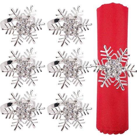 Lot de 6 Ronds de Serviette de Noël Argentés en Forme de Flocon de Neige et Strass, Décoration de Table (1/5)
