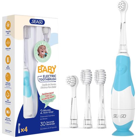 Brosse à Dents électrique pour Enfants de 6 mois à 4 ans,étanche, Minuterie Intelligente,Lampes à LED de Couleur et 4 têtes de Brosse,Batterie Brosse à Dents Pour Bébé à Piles SG513,Bleu (1/5)