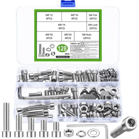 Lot de 128 vis M8, boulons à tête cylindrique, jeux d'écrous, vis hexagonales en acier inoxydable, ensemble et rondelles, vis à six pans creux avec écrous, vis à machine, assortiment (1/5)
