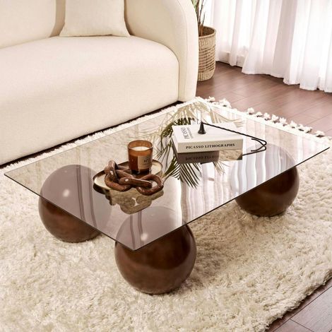 Table basse rectangulaire verre ambré 4 pieds boule KOCHI