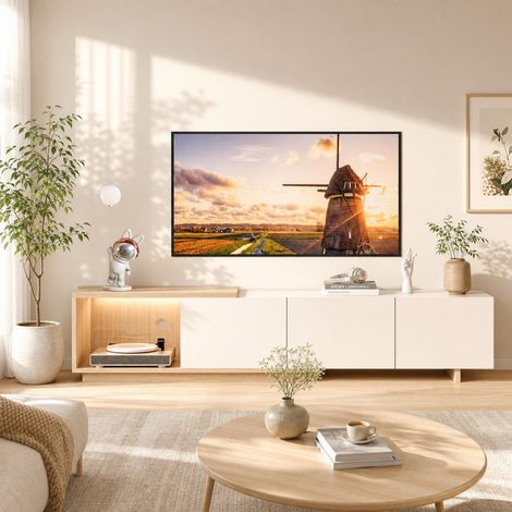 Meuble TV moderne, 3 tiroirs + 1 rangement caché, longueur ajustable 163-240 cm, blanc MDF, compatible TV jusqu’à 65 pouces, grand espace de stockage, pour salon