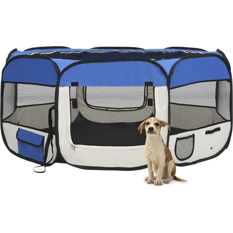 Parc pliable pour chien avec sac de transport, Parc pour Animaux de Compagnie, Tente Maison pour Chiens Bleu 145x145x61cm MAE6412 (1/5)