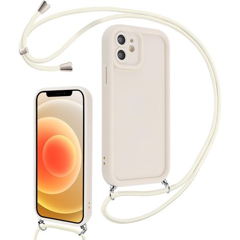 Coque pour iPhone 12 6,1" avec Cordon de Collier Réglable, Etui Protection de la Caméra Silicone Souple TPU Antichoc Housse avec Corde Lanyard Cover pour Femmes Filles, Blanc (1/5)