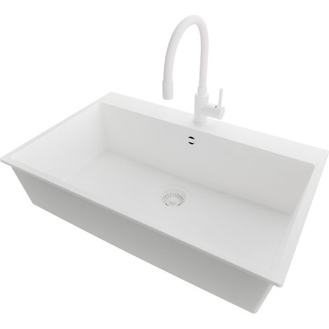 PRIMAGRAN Evier Cuisine en Granit 78x50cm,Lavabo 1 bac + Robinet 38x14cm + Kit de Vidage, Évier à Encastrer au meuble 80cm - Riga, Tout Blanc (1/5)