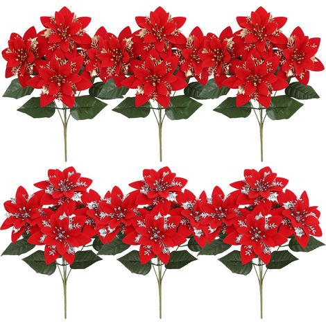 Poinsettia Artificielle - Bouquet En Velours Rouge - 13 Pouces - Pour Décoration De Noël Intérieure Et Extérieure - Lot De 6 (1/5)